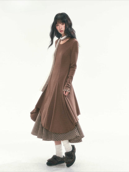 CAN - "Brownie Winterfield" Brown Plaid-Trim Ruched Knit Midi Dress