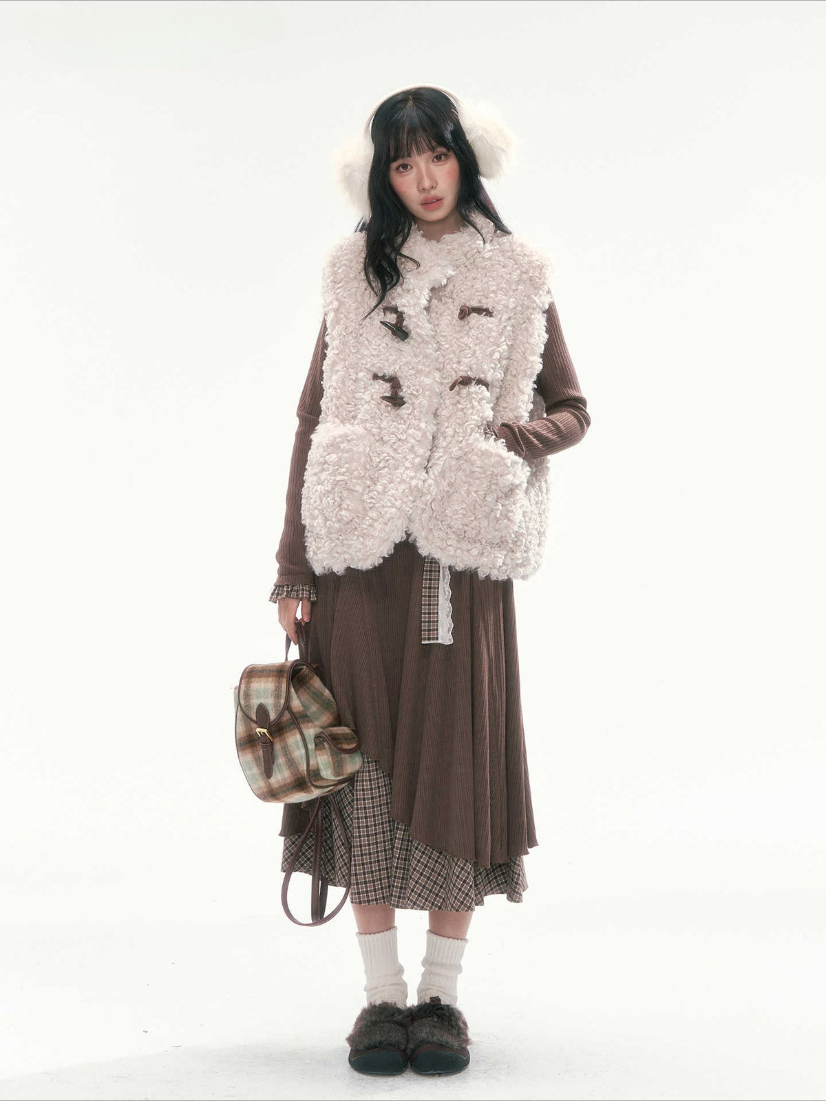 CAN - "Brownie Winterfield" Brown Plaid-Trim Ruched Knit Midi Dress