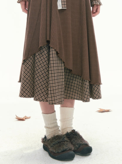 CAN - "Brownie Winterfield" Brown Plaid-Trim Ruched Knit Midi Dress