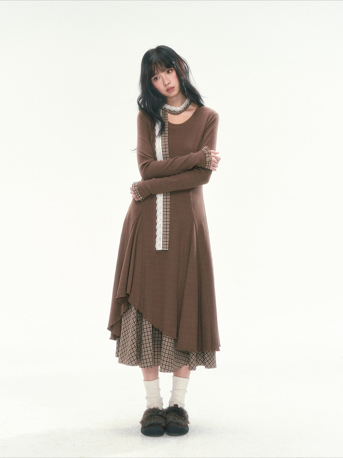 CAN - "Brownie Winterfield" Brown Plaid-Trim Ruched Knit Midi Dress