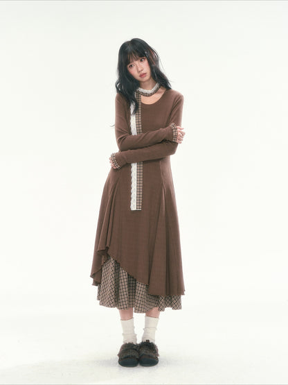 CAN - "Brownie Winterfield" Brown Plaid-Trim Ruched Knit Midi Dress