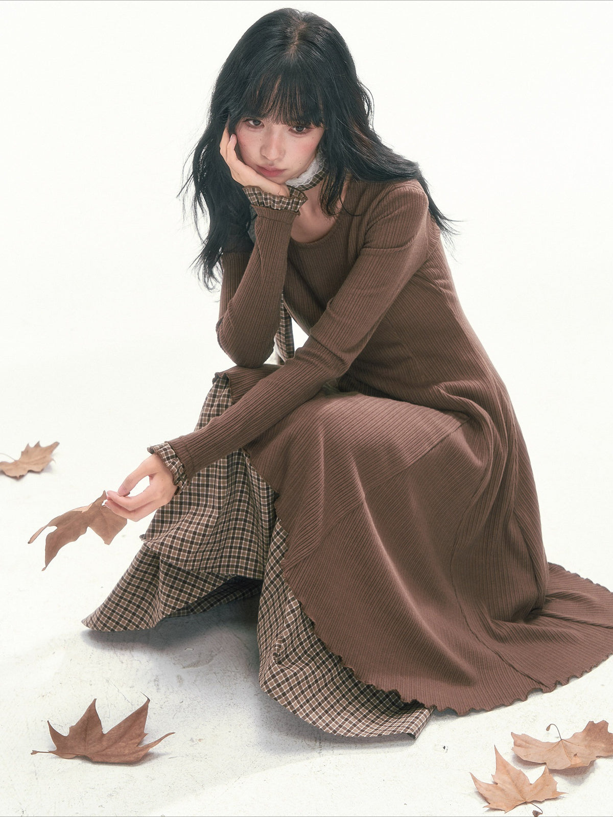 CAN - "Brownie Winterfield" Brown Plaid-Trim Ruched Knit Midi Dress