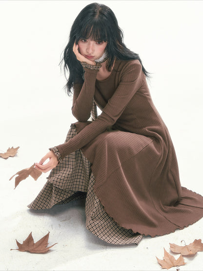 CAN - "Brownie Winterfield" Brown Plaid-Trim Ruched Knit Midi Dress