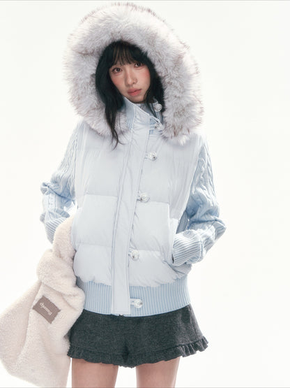 CAN - "The Macaron Affair" Cable-Knit Collar Puffer Jacket (Water Blue / Light Pink)