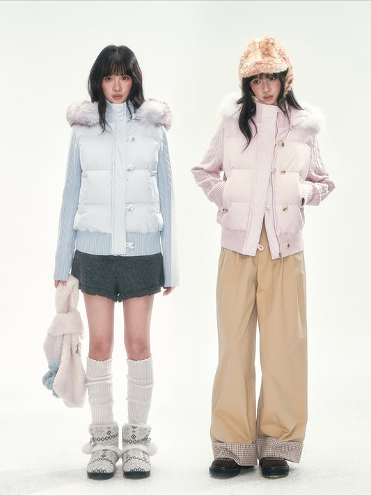 CAN - "The Macaron Affair" Cable-Knit Collar Puffer Jacket (Water Blue / Light Pink)