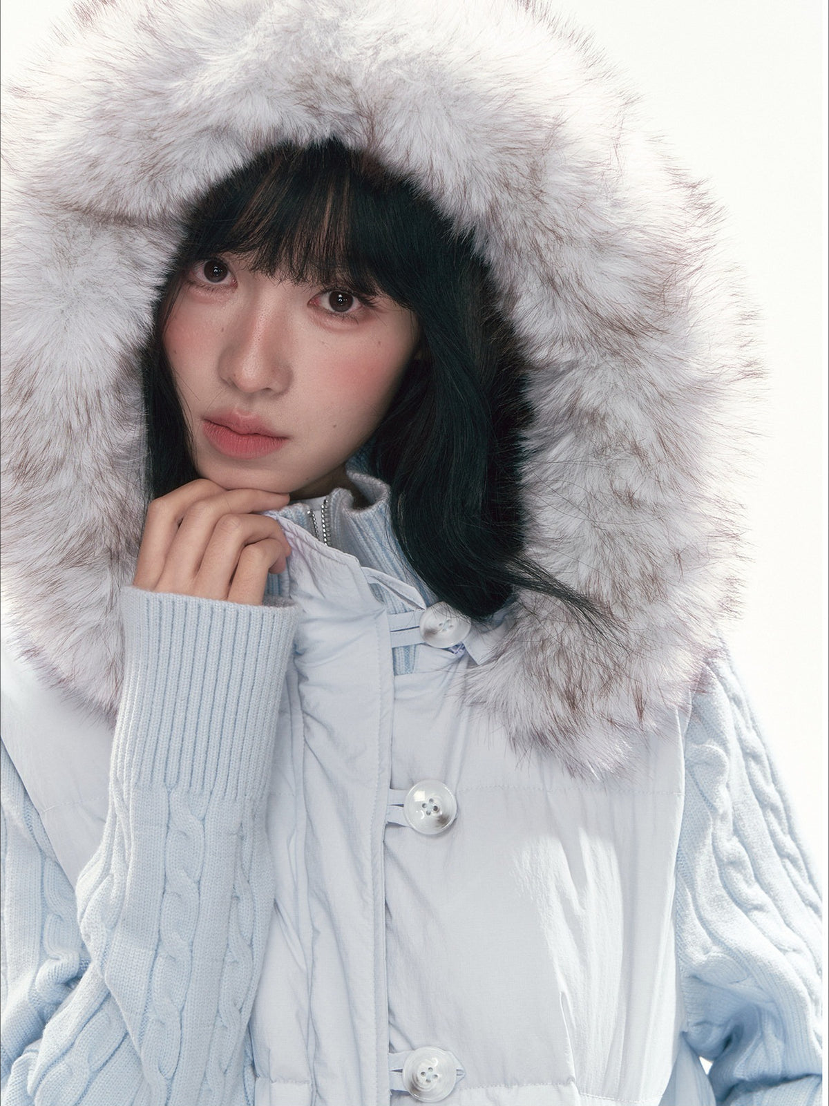 CAN - "The Macaron Affair" Cable-Knit Collar Puffer Jacket (Water Blue / Light Pink)