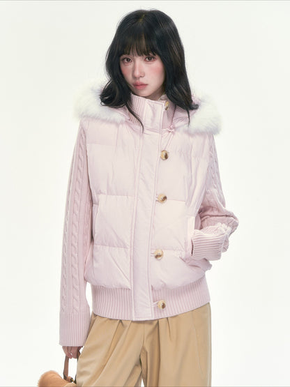 CAN - "The Macaron Affair" Cable-Knit Collar Puffer Jacket (Water Blue / Light Pink)