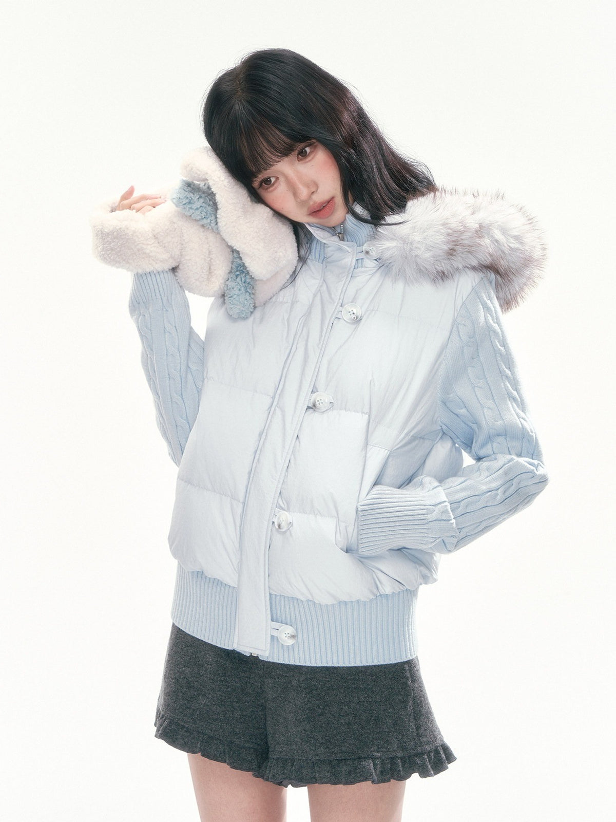 CAN - "The Macaron Affair" Cable-Knit Collar Puffer Jacket (Water Blue / Light Pink)