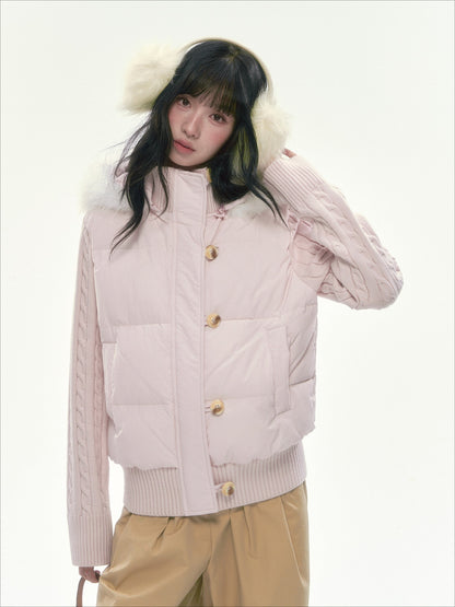 CAN - "The Macaron Affair" Cable-Knit Collar Puffer Jacket (Water Blue / Light Pink)