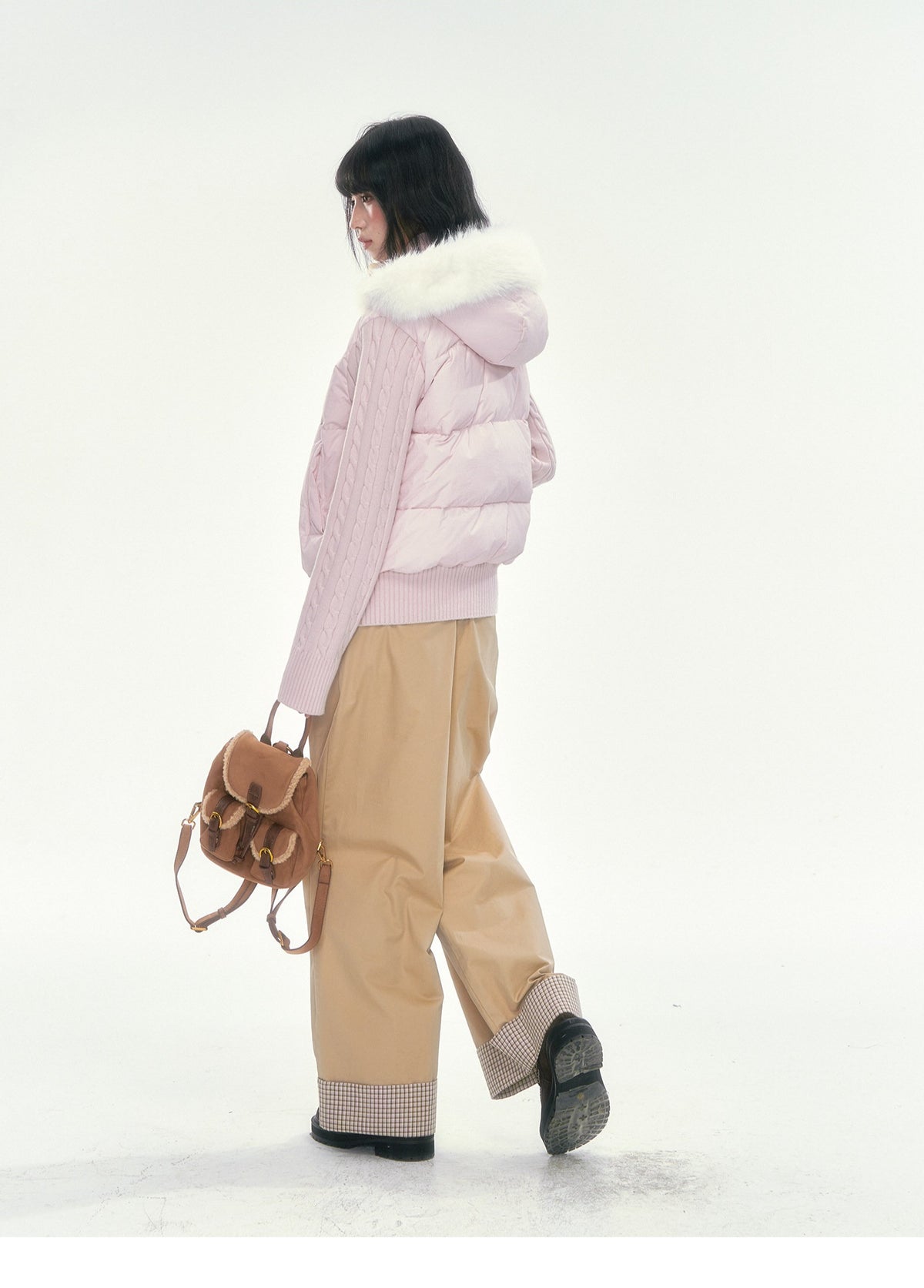 CAN - "The Macaron Affair" Cable-Knit Collar Puffer Jacket (Water Blue / Light Pink)