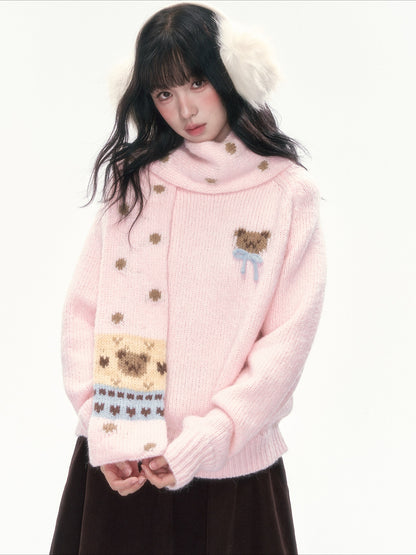 CAN - "The Little Bear Affair" Light Pink Teddy Bear Bow Jacquard Sweater