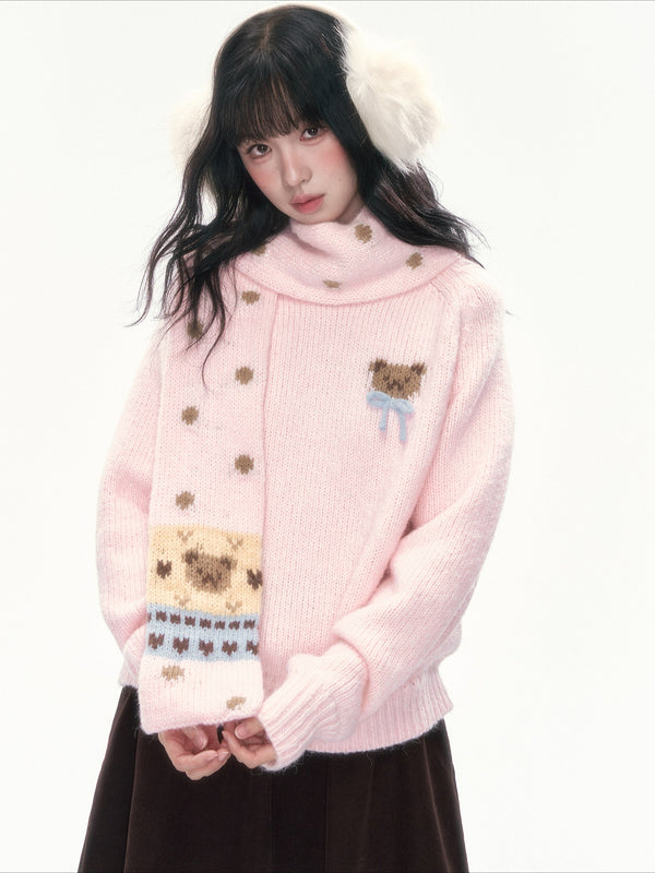 CAN - "The Little Bear Affair" Light Pink Teddy Bear Bow Jacquard Sweater