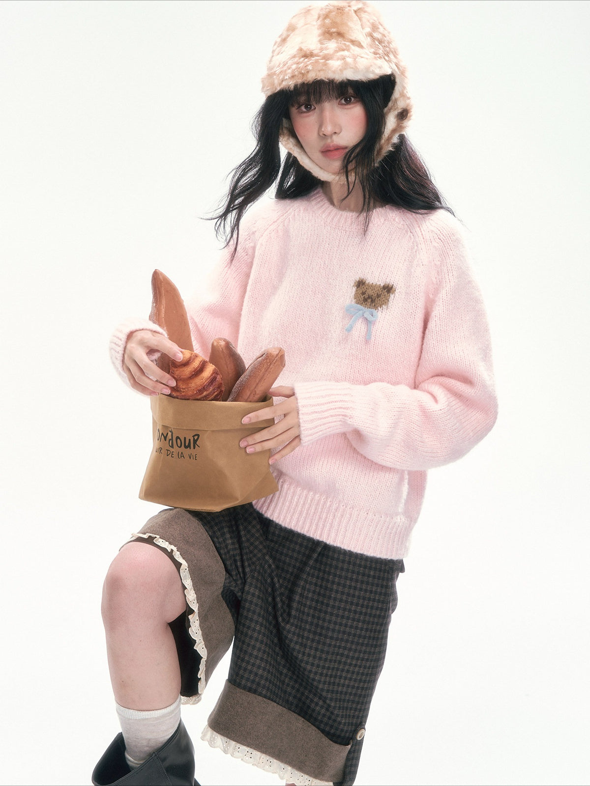 CAN - "The Little Bear Affair" Light Pink Teddy Bear Bow Jacquard Sweater
