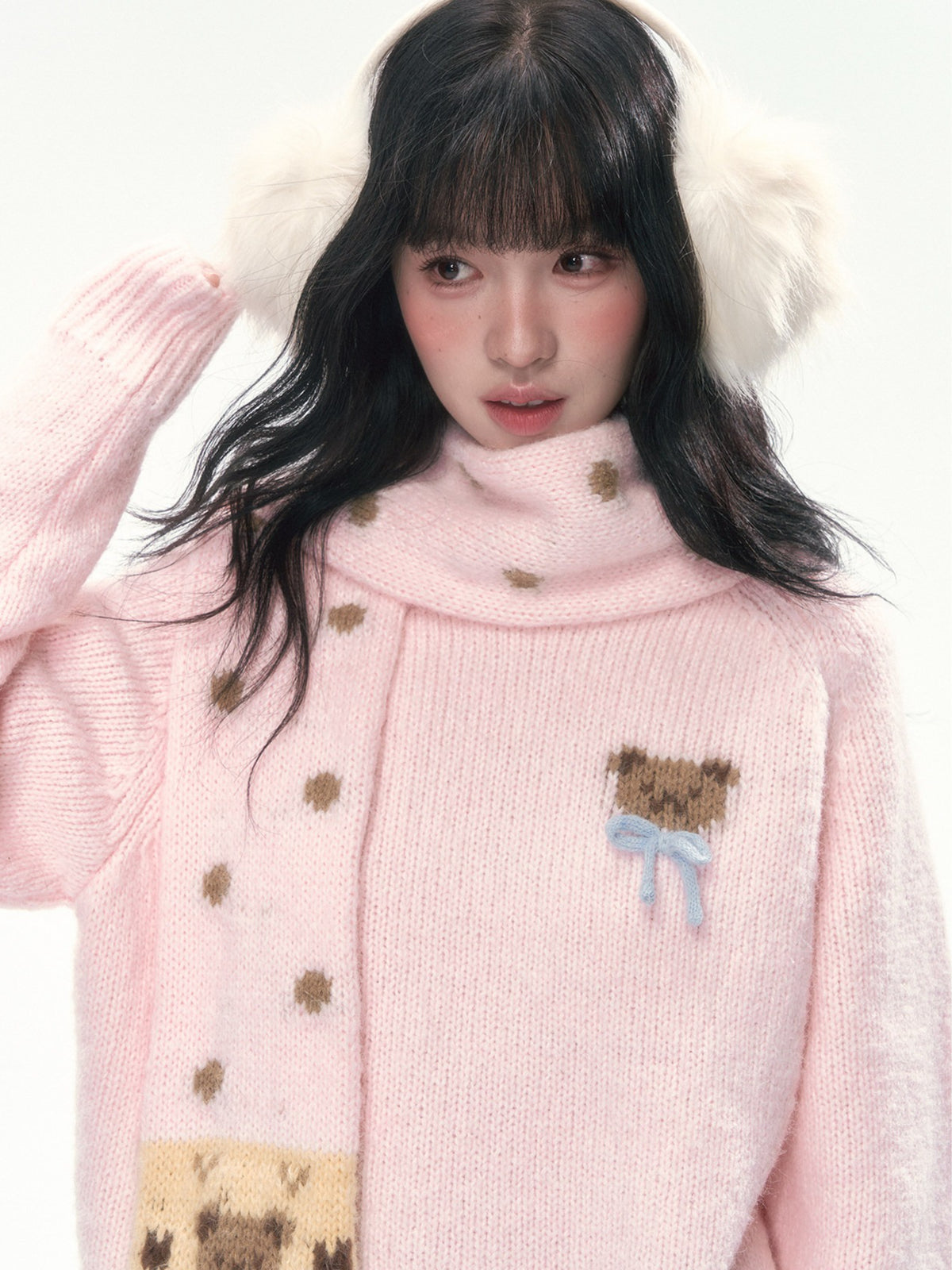 CAN - "The Little Bear Affair" Light Pink Teddy Bear Bow Jacquard Sweater