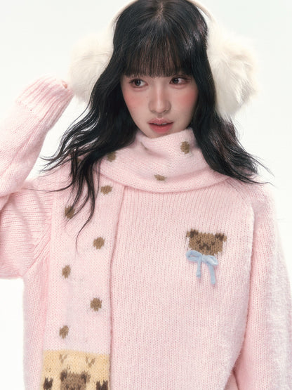 CAN - "The Little Bear Affair" Light Pink Teddy Bear Bow Jacquard Sweater