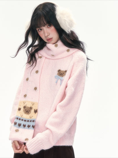 CAN - "The Little Bear Affair" Light Pink Teddy Bear Bow Jacquard Sweater
