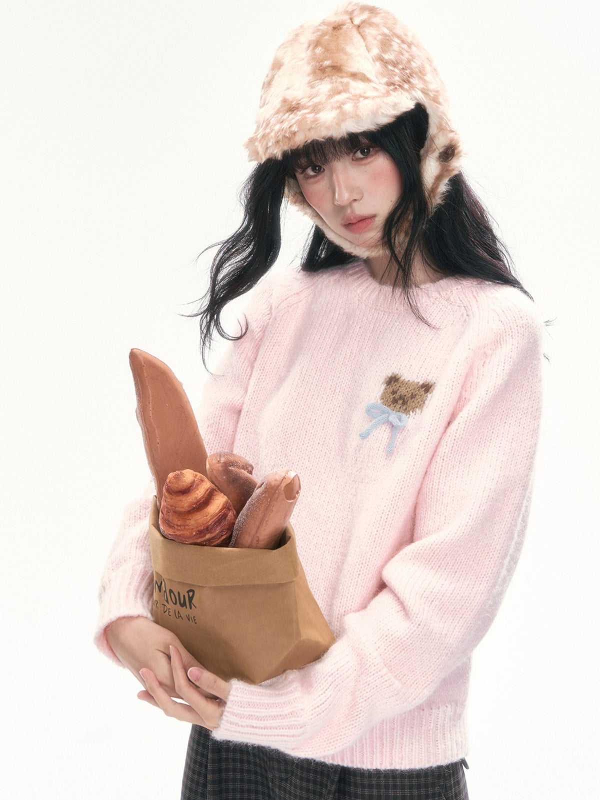 CAN - "The Little Bear Affair" Light Pink Teddy Bear Bow Jacquard Sweater