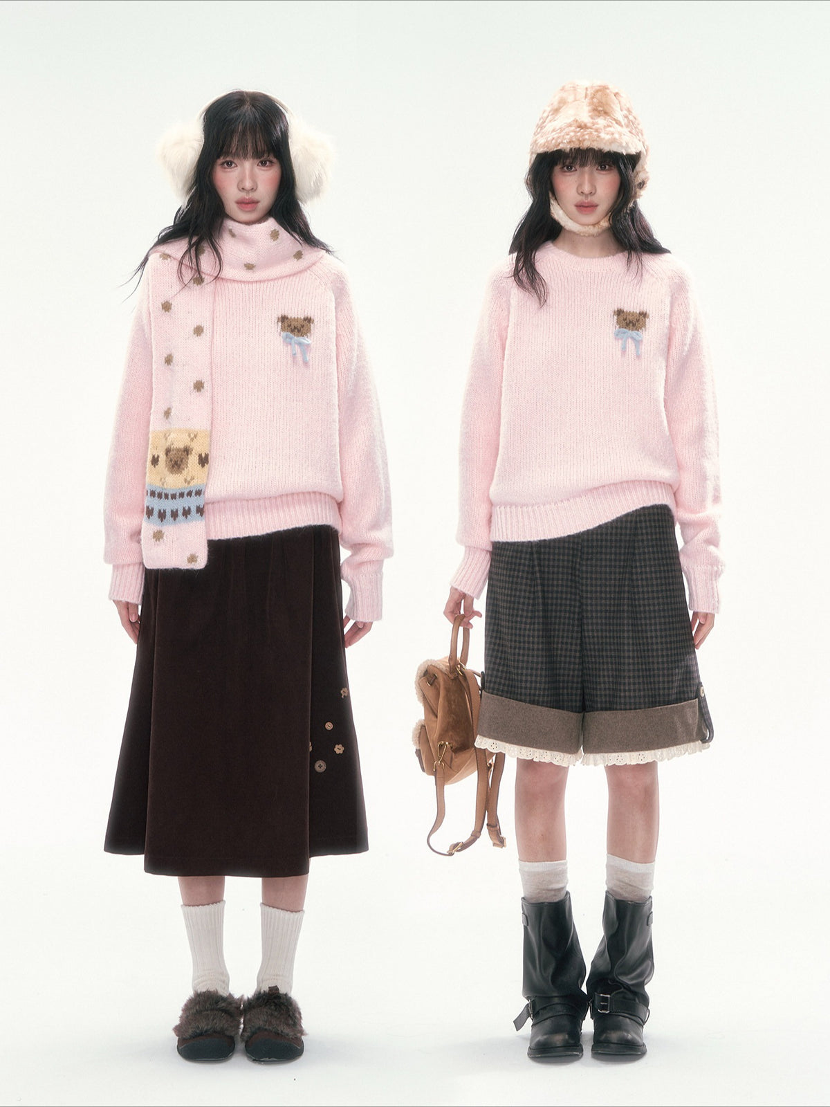 CAN - "The Little Bear Affair" Light Pink Teddy Bear Bow Jacquard Sweater