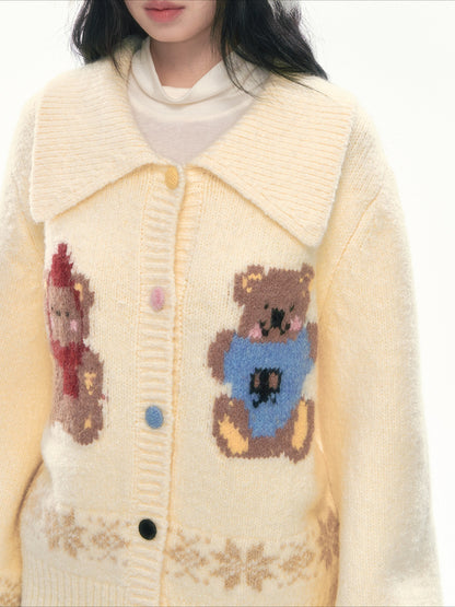 CAN - "Teddy’s Autumn Soirée" Cream White Teddy Bear Fair Isle Jacquard Cardigan