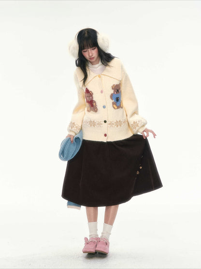 CAN - "Teddy’s Autumn Soirée" Cream White Teddy Bear Fair Isle Jacquard Cardigan