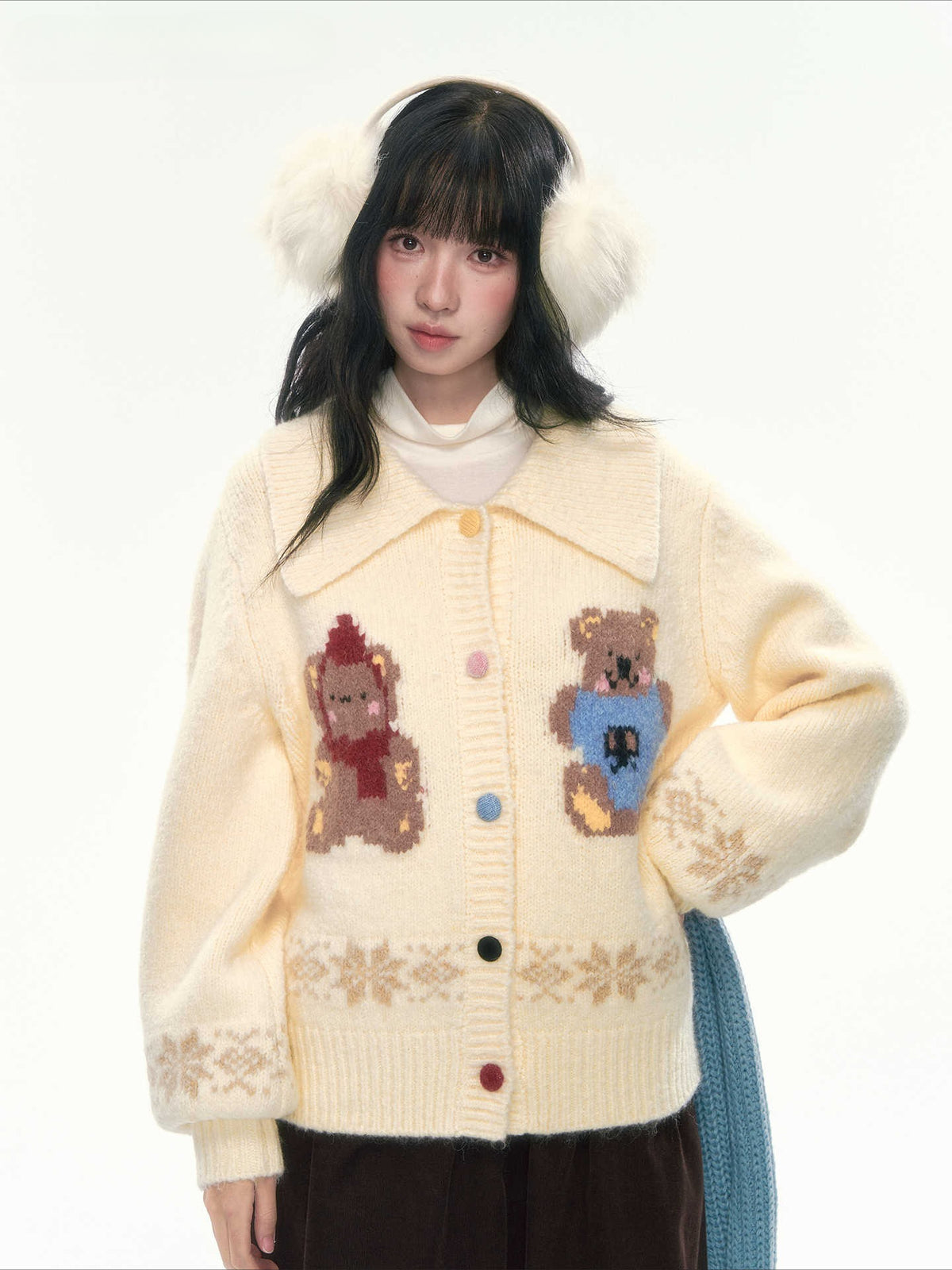 CAN - "Teddy’s Autumn Soirée" Cream White Teddy Bear Fair Isle Jacquard Cardigan