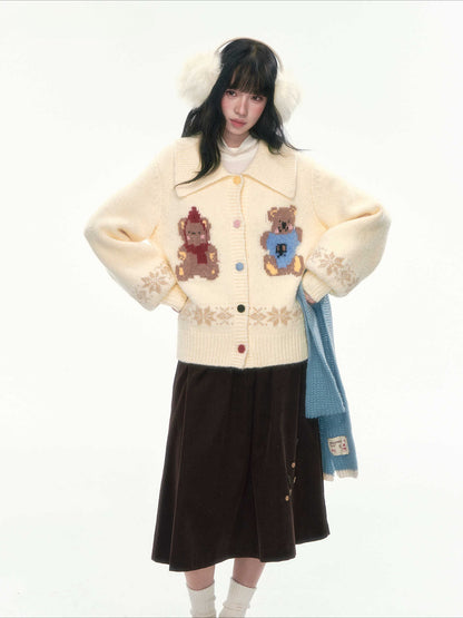 CAN - "Teddy’s Autumn Soirée" Cream White Teddy Bear Fair Isle Jacquard Cardigan