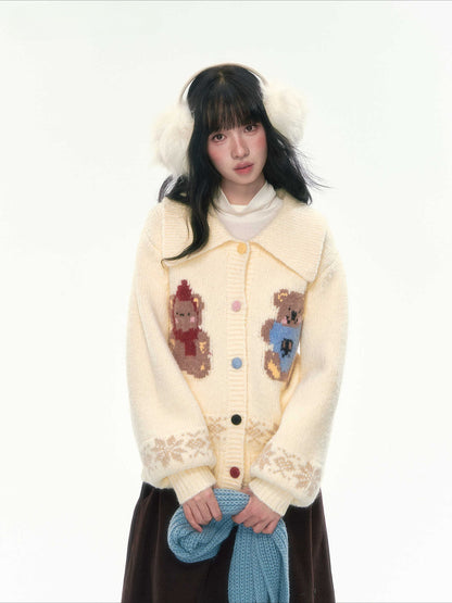 CAN - "Teddy’s Autumn Soirée" Cream White Teddy Bear Fair Isle Jacquard Cardigan
