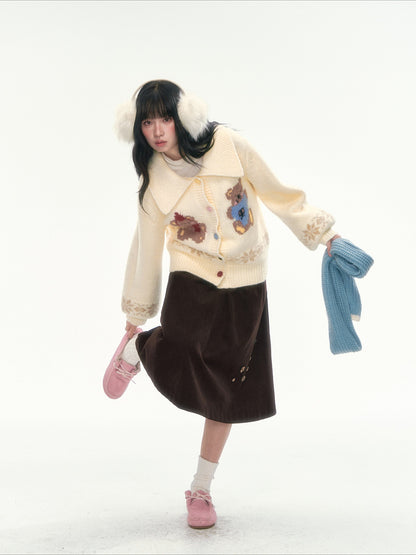 CAN - "Teddy’s Autumn Soirée" Cream White Teddy Bear Fair Isle Jacquard Cardigan