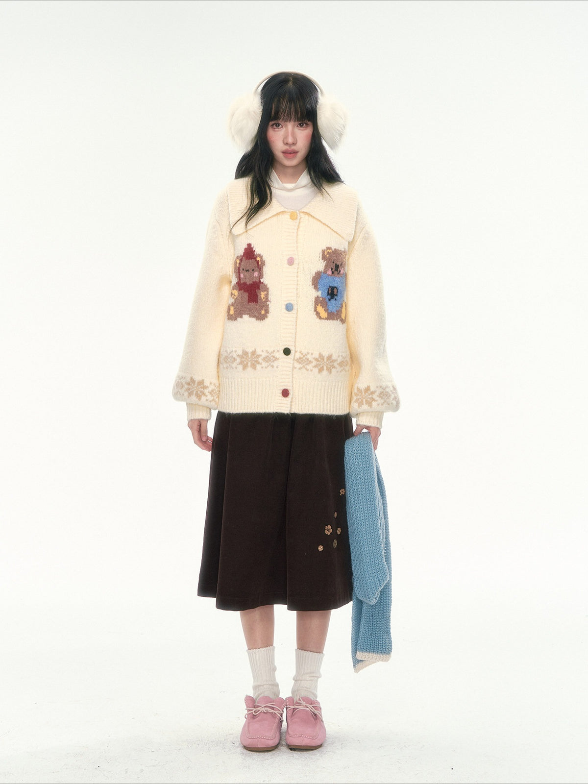 CAN - "Teddy’s Autumn Soirée" Cream White Teddy Bear Fair Isle Jacquard Cardigan