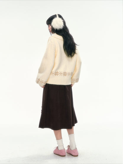 CAN - "Teddy’s Autumn Soirée" Cream White Teddy Bear Fair Isle Jacquard Cardigan