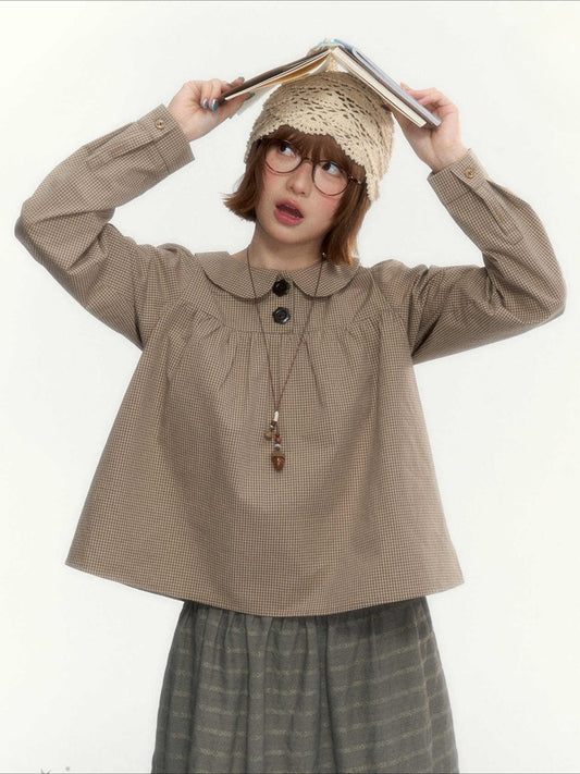 "The Vintage Darling" Light Coffee Plaid Cotton Peter Pan Collar Blouse