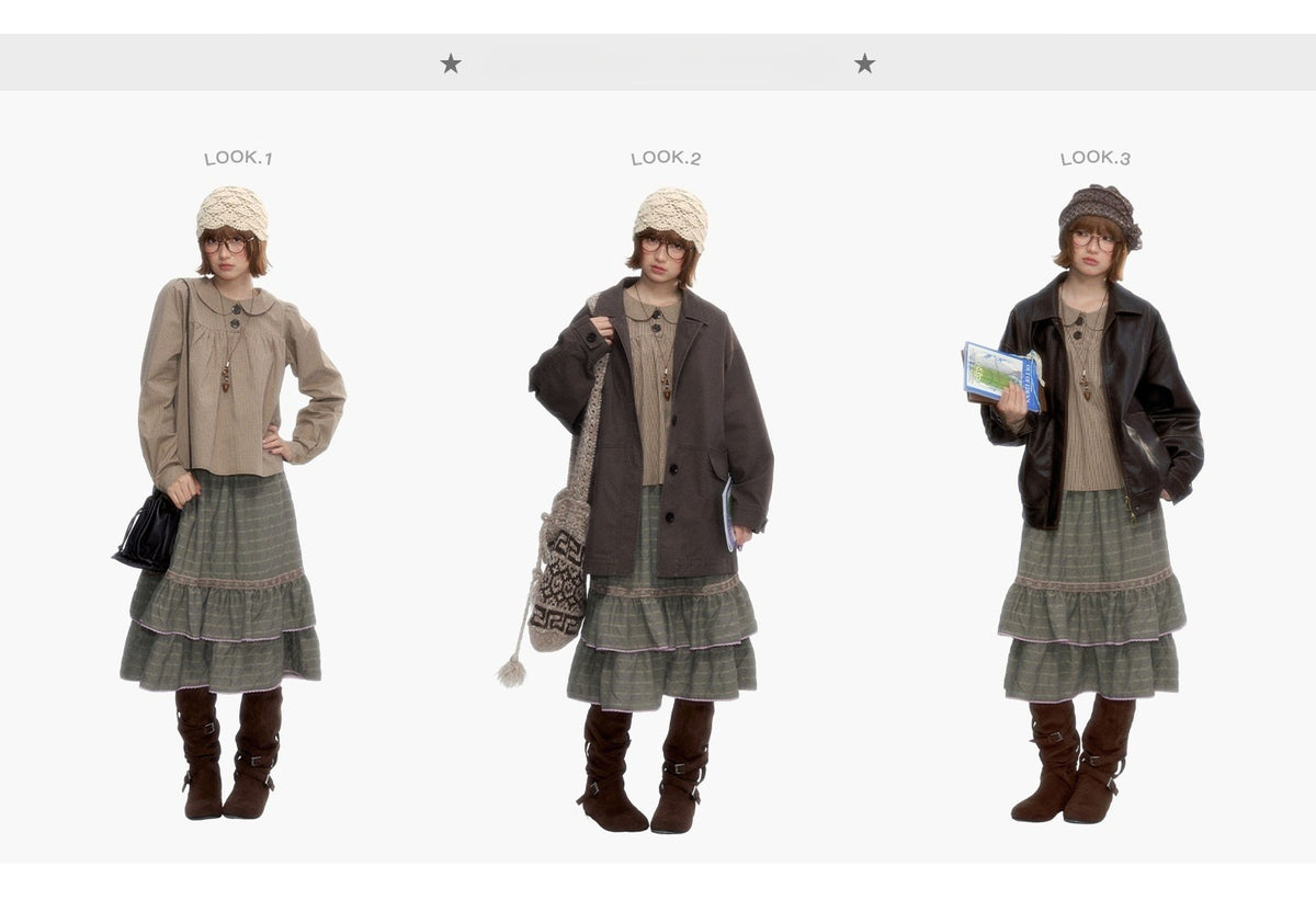 "The Vintage Darling" Light Coffee Plaid Cotton Peter Pan Collar Blouse