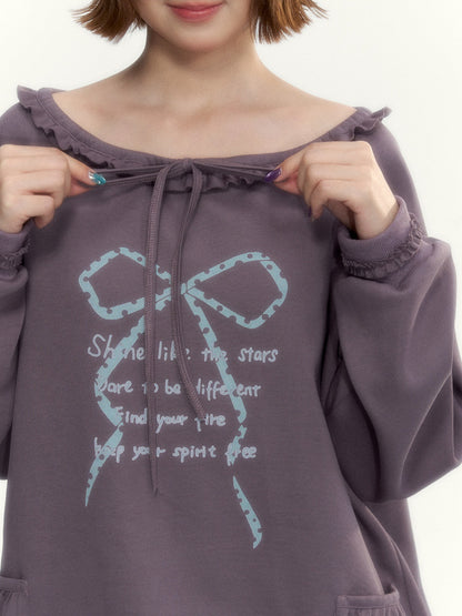 Deep Purple Bow-Tie Lettuce-Trim Off-Shoulder Sweatshirt