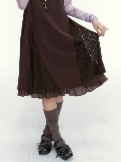 "Caramel Afterglow" Cocoa Brown Lace-Trim A-Line Dress Set with Purple Plaid Layering Top