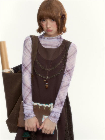 "Caramel Afterglow" Cocoa Brown Lace-Trim A-Line Dress Set with Purple Plaid Layering Top
