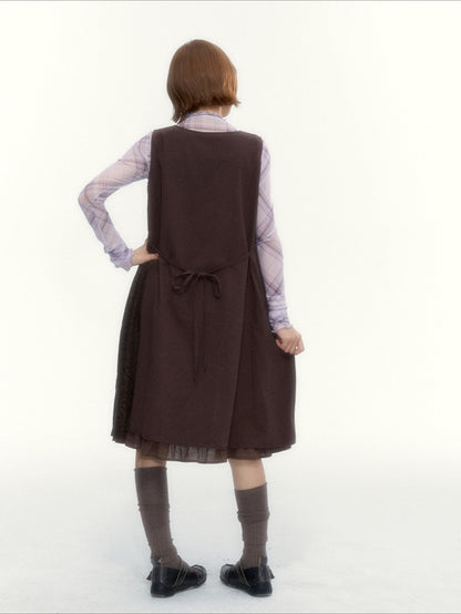 "Caramel Afterglow" Cocoa Brown Lace-Trim A-Line Dress Set with Purple Plaid Layering Top