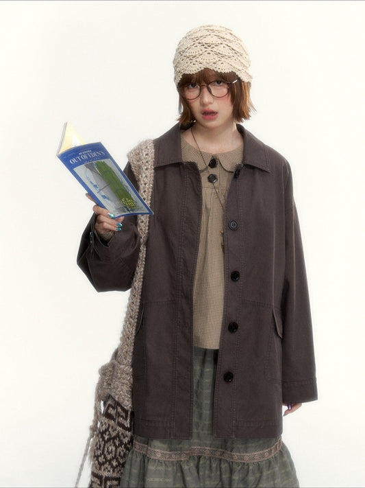 Dark Coffee Brown Washed Cotton Utility Jacket