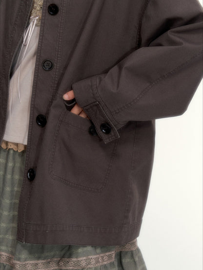 Dark Coffee Brown Washed Cotton Utility Jacket