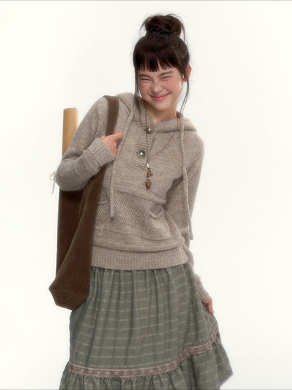Oatmeal Ribbed-Hem Hooded Knit Sweater