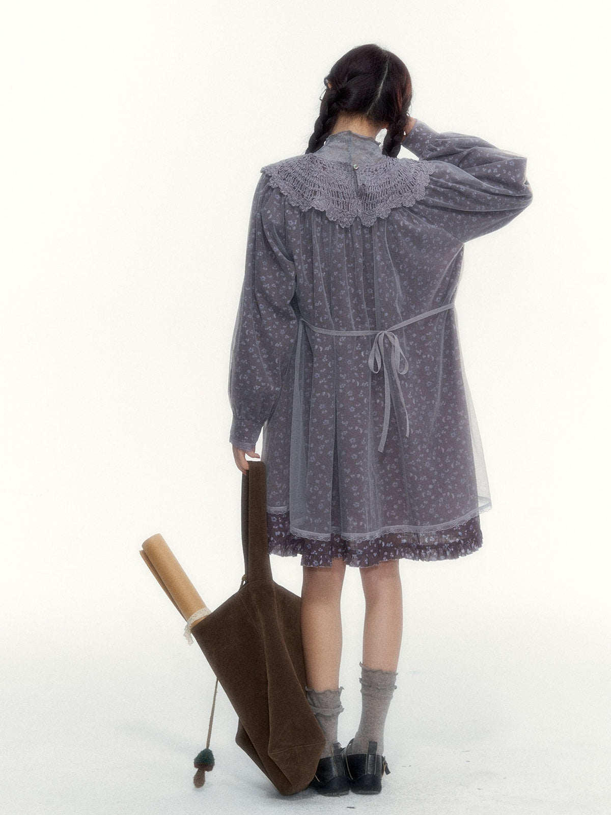 Gray Purple Floral Mesh Overlay A-Line Dress