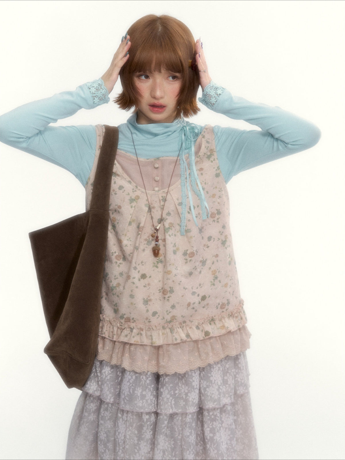 "Petals from a Forgotten Dream" Sweet Apricot Pink Floral Lace Ruffle Off-Shoulder Top