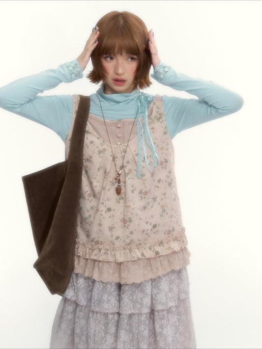 "Petals from a Forgotten Dream" Sweet Apricot Pink Floral Lace Ruffle Off-Shoulder Top