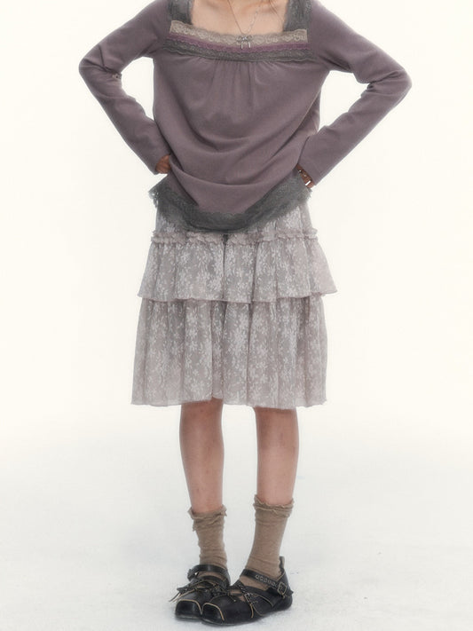 Misty Gray Pink Vintage Lace Tiered A-Line Skirt