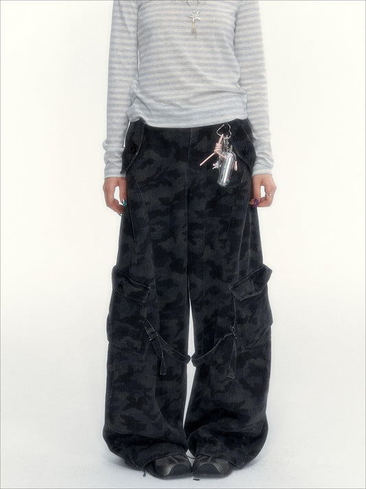 Camouflage Washed Wide-Leg Utility Pants