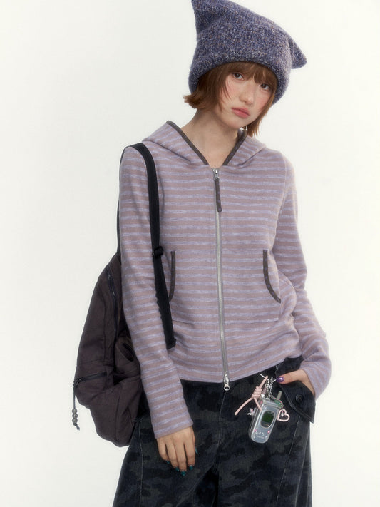 Dusty Purple Stripe Hooded Knit Cardigan