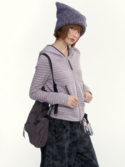 Dusty Purple Stripe Hooded Knit Cardigan