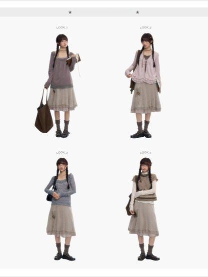 Milk Coffee Vintage Lace Knit A-Line Skirt