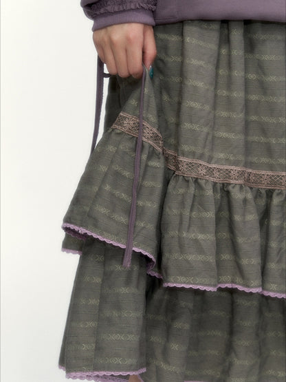 Dried Grass Green Vintage Lace Tiered A-Line Skirt