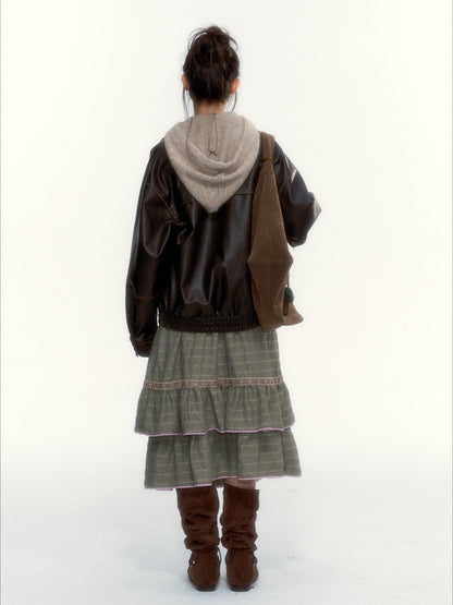 Dried Grass Green Vintage Lace Tiered A-Line Skirt
