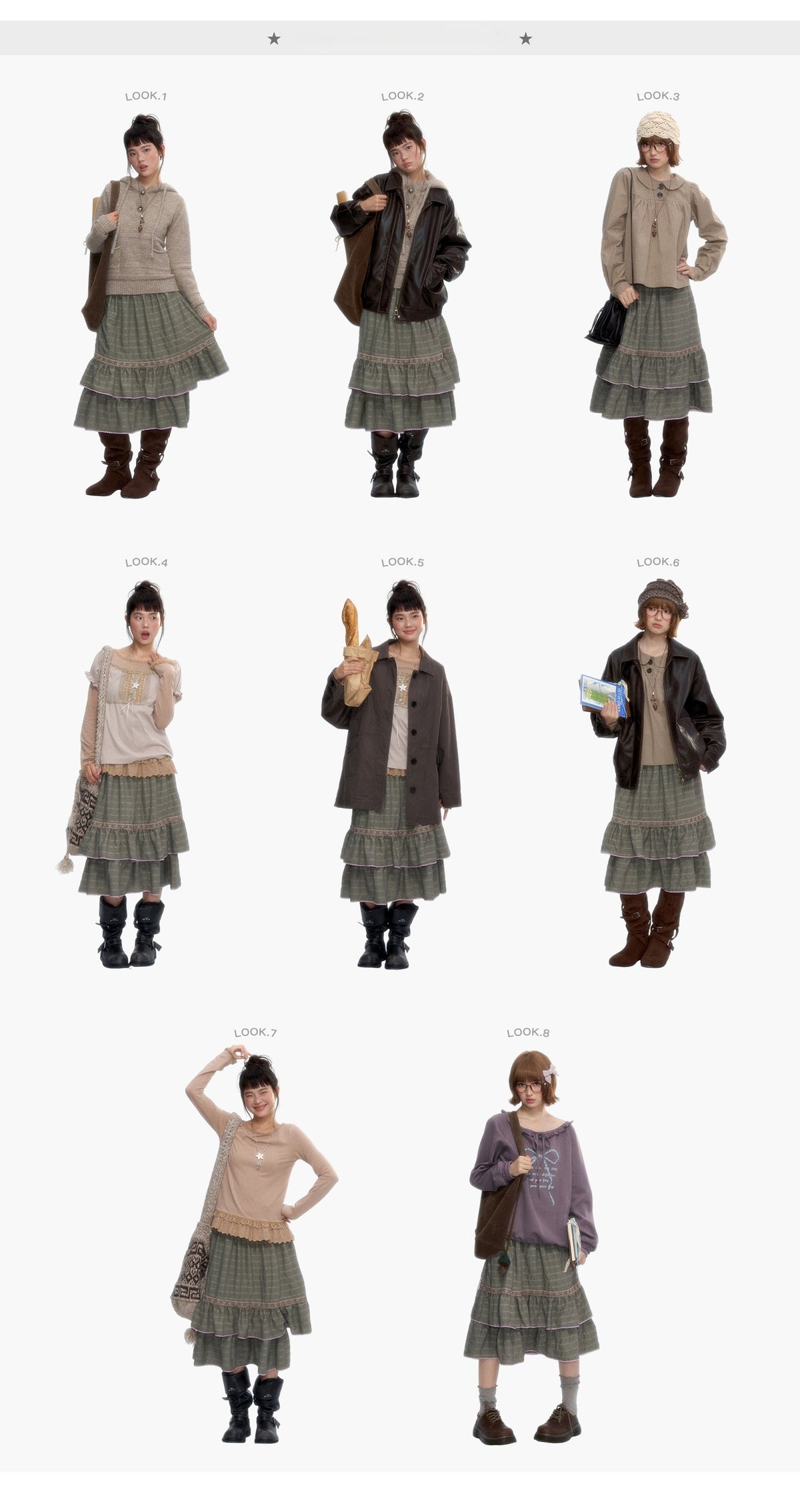 Dried Grass Green Vintage Lace Tiered A-Line Skirt